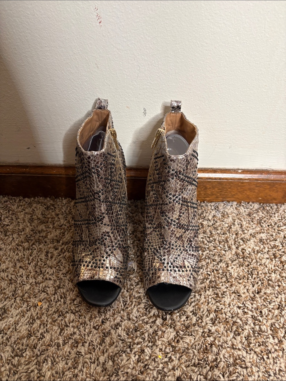 Calvin Klein Gold and Black Snake-Print Open-Toe Ankle Booties